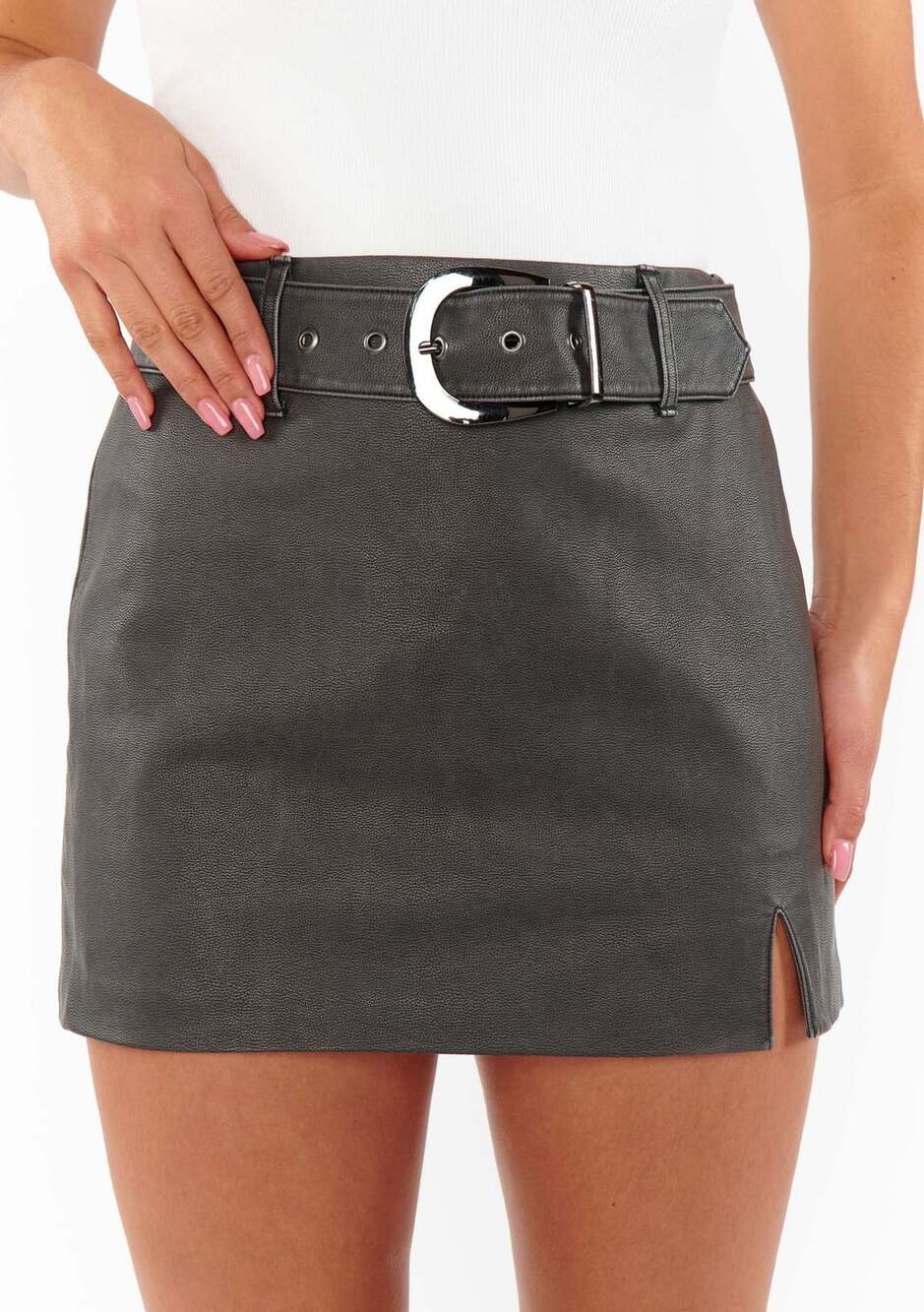 Show Me Your Mumu Tyra Belted Skirt Vintage Black Faux Leather XS
